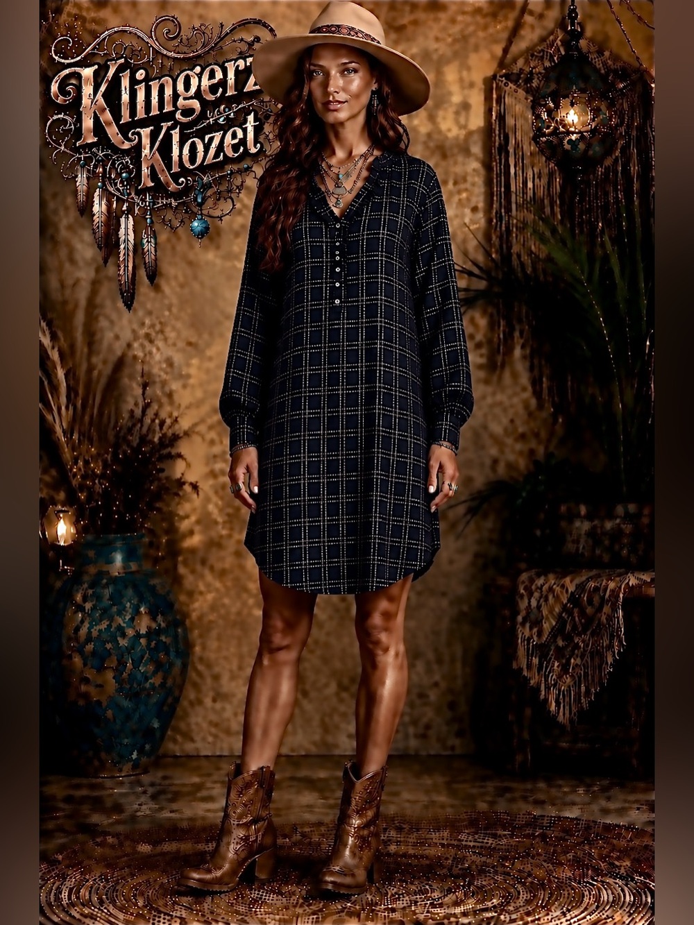 Navy Plaid Long Sleeve Dress new with tags